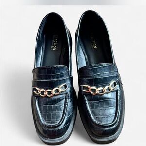 Y2K Kenneth Cole Black Leather Croc Chunky Women’s Loafers | Gold Chain Detail